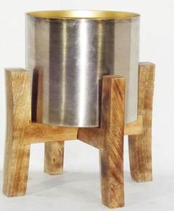 Gold Plated Metal Flower <b>Pot</b> with Wooden Stand Modern Minimalist Design for Indoor Use Desktop Planters Set of Two - Product Image 5