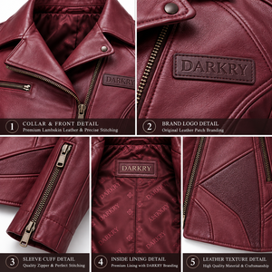 Burgundy Wine Red <b>Women</b> Real Lambskin Leather Biker <b>Jacket</b> Geometric Stitched Panel Asymmetric Zipper Lapel Outerwear - Product Image 6