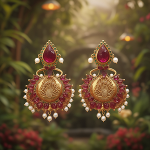 Vintage Gold Plated Peacock Chandbali Drop Earrings with Pearls - Product Image 3