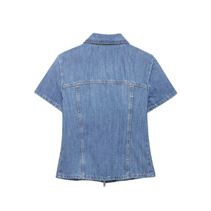Chemise en jean pour femme avec poches poitrine, coupe décontractée en coton, manches longues, boutonnée, haut décontracté, délavage doux, vêtement streetwear personnalisé - Product Image 2