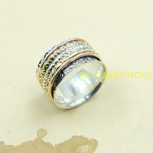 Anillo giratorio de plata de ley 925, latón y cobre, hecho a mano, martillado, para meditación, banda ancha, estilo bohemio, joyería llamativa para ella - Product Image 6