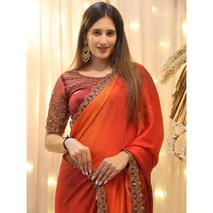 Atractivo rojo bordado satén ropa festiva sari con blusa - Product Image 2