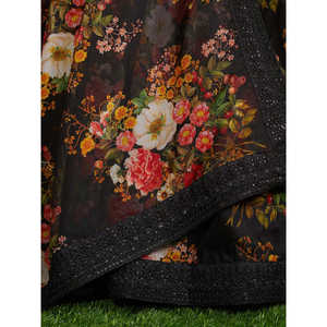 Belle tenue de réception en organza imprimé floral noir Lehenga Choli - Product Image 1