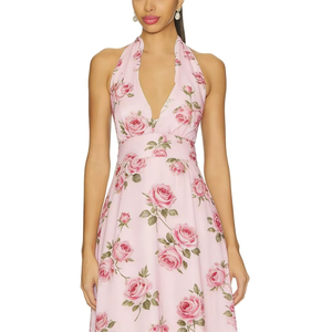 Robe longue d'été sans manches à imprimé floral rose romantique décontracté, coupe trapèze, style licou, pour femme, impression numérique - Product Image 1