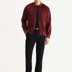 Men's Red Paisley Printed Bomber <b>Jacket</b> Stand Collar Zipper Closure Smart Casual Autumn Wear Regular Fit Polyester Material - Product Image 1