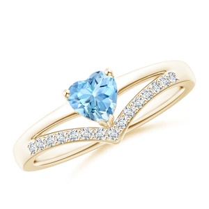 Anillo de boda hecho a mano de oro de 14 quilates con piedra preciosa de aguamarina natural de corte corazón de alta calidad y banda de diamantes pavé en forma de chevron para ella. - Product Image 1