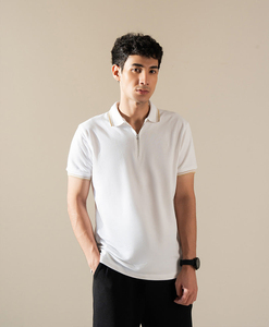 Polo de Algodón Blanco para Hombre, Manga Corta, Corte Ajustado, Color Sólido Informal, Tejido de Punto, Ribete en Contraste - Product Image 2