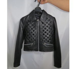 Chaqueta corta de cuero genuino tejido negro para mujer, impermeable, diseño personalizado, de invierno, con cierre de cremallera, de piel de vaca, al por mayor - Product Image 6