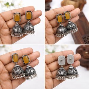 Pendientes Jhumka Rectangulares de Plata Oxidada Amarillo Miel al por Mayor, Joyería Étnica India Vintage Hecha a Mano para Mujer - Product Image 4