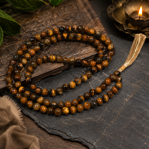 Eco-Friendly 8mm Tiger Eye Gemstone <b>Chakra</b> 108 Jap Mala Prayer Beads Necklace Long Tassel Carved Design Gujarat for Home Decor - Product Image 1