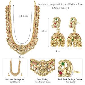 Parure de bijoux plaqué or avec collier long et boucles d'oreilles en alliage, ornée de perles, design temple indien du Sud, pour femme, idéale pour mariage et soirée, bijoux de mode ethniques - Product Image 4