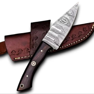 มีดแค้มปิ้งกลางแจ้งใบตายเหล็กดามัสกัสสุดหรู ขนาด 8 นิ้ว - ด้ามไม้พะยูงตามหลักสรีรศาสตร์ คมกริบ พร้อมปลอกหนังอเนกประสงค์ - Product Image 1