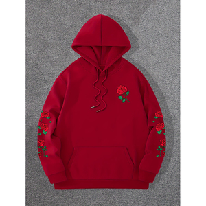 Sweat-shirt à capuche rouge pour homme, broderie florale, coton, coupe ample, décontracté, automne, avec poches - Product Image 1