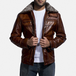Chaqueta de Motociclista de Cuero Genuino para Hombre, Color Marrón, Piel de Oveja, Cuello Alto, Resistente al Viento, Corte Regular, Cierre de Cremallera, Estilo Urbano - Product Image 3