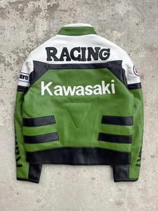 แจ็คเก็ตหนัง Kawasaki Ninja สีเขียวขาวแบบสั่งทำพิเศษสำหรับผู้ชาย หนังวัวแท้ 100% - Product Image 2