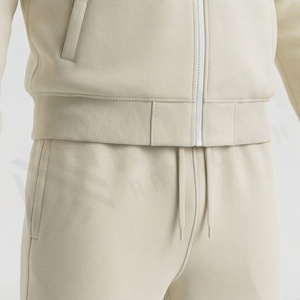 Unisex Cream Cotton Tracksuit Full <b>Zip</b> Stand Collar Casual Solid Color <b>Joggers</b> With Side <b>Pockets</b> Autumn Wear - Product Image 5