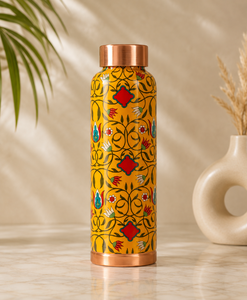 Bouteille d'eau en cuivre émaillé jaune à motifs floraux, peinte à la main, bouteille ayurvédique en cuivre pur, bouteille décorative de luxe en cuivre - Product Image 1