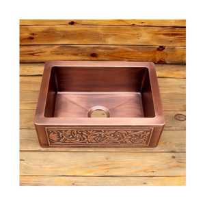Évier de cuisine 30 pouces à cuve unique en cuivre martelé, style ferme, avec façade à tablier antique et motifs floraux en relief, à encastrer sous plan, en cuivre pur - Product Image 1