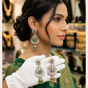 Gold Plated Brass Chandelier <b>Earrings</b> with Pearl and Stone Detailing - Product Image 2