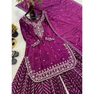 Conjunto de Top, Pantalón y Dupatta para Fiesta con Bordado Intenso para Mujer - Product Image 4