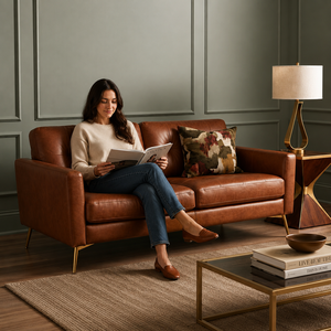 Sofá Moderno de Dos Plazas Tapizado en Cuero Genuino, Estilo Mid-Century, Brazos Cuadrados, Patas Metálicas, Mueble de Sala de Estar - Product Image 3