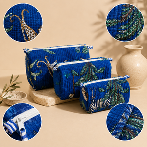 Cotton Quilted Bohemian Eco-Friendly Cosmetic Bag Set 3Pcs Blue Animal Palm Print Zipper <b>Makeup</b> Pouch Travel for Bags - Product Image 6