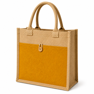 Sac fourre-tout réutilisable en jute de taille moyenne avec fermeture à bouton, poignée longue, couleur moutarde, option logo personnalisé, pour courses - Product Image 1