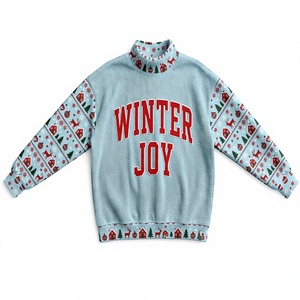 <b>Women</b> Light Blue MockNeck <b>Christmas</b> <b>Sweatshirt</b> Winter Joy Graphic Winter Pullover with Festive Pattern Trim - Product Image 1
