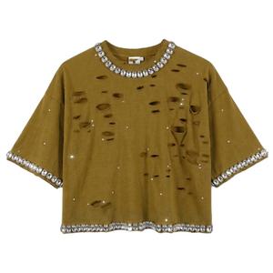 Camiseta Corta de Algodón Premium para Mujer con Pedrería Desgastada, Estilo Oversize Urbano y Brillante - Product Image 5