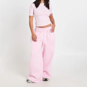 Custom Women's <b>Pink</b> Cotton Two Piece Set Casual Loose Fit <b>Tracksuit</b> With Pocket Full Length Pants And Short Sleeve Top Crew Neck - Product Image 1
