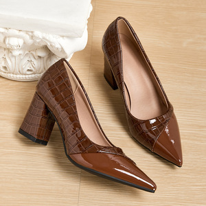Brown Patent Leather Pointed Toe Pumps <b>Block</b> Heel Slip-On Formal Shoes All Seasons Anti-Slip - Product Image 2