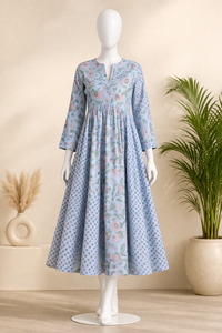 ชุดเดรสยาวพิมพ์ลายดอกไม้สีน้ำเงินแบบแฮนด์บล็อกพิมพ์ แขนยาว มีกระเป๋าข้าง ติดกระดุมที่คอ สไตล์โชลี ผ้าฝ้าย สำหรับผู้หญิง ชุดลำลองสุดหรู - Product Image 5