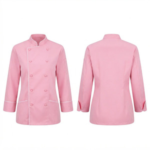 เสื้อเชฟยูนิเซ็กซ์ พรีเมียม ผ้าโพลีคอตตอนทวิล 200 GSM แขนสั้น สีชมพู กระดุมสองแถว คอตั้ง พิมพ์ลายสกรีน สำหรับร้านอาหารและบาร์ - Product Image 1