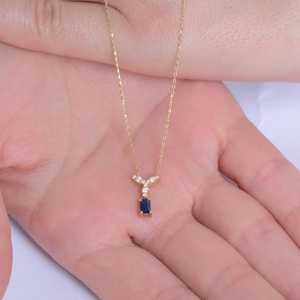 Dainty Baguette <b>Blue</b> <b>Sapphire</b> Pendant Minimalist 925 Sterling Silver 14K Gold Plated Elegant Fine Jewelry - Product Image 6
