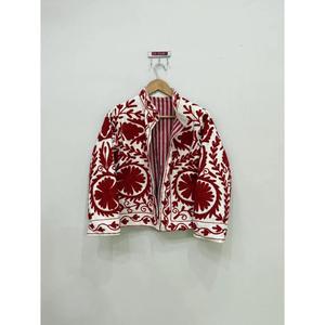 <b>Women's</b> <b>White</b> Embroidered Quilted <b>Jacket</b> with Burgundy Floral Threadwork 100% Cotton Eco-Friendly Short - Product Image 1