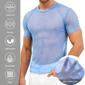 Camisetas Ligeras de Manga Corta con Cuello Redondo de Poliéster para Entrenamiento, Fitness y Gimnasio, Estilo Casual, Deportivas, con Efecto Desgastado y Malla Transparente - Product Image 2
