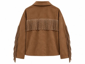 Chaqueta de Cuero Marrón con Flecos para Mujer, Prenda Exterior con Botones Frontales, Corte Regular, Abrigo Casual de Invierno, OEM Personalizado - Product Image 4