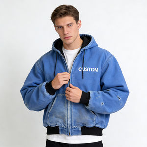 Sweat à capuche zippé intégral pour homme, en denim bleu tendance, effet usé, imprimé personnalisé, confortable, coupe oversize, style streetwear décontracté pour le quotidien - Product Image 1
