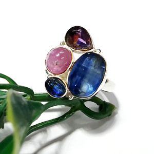Bague Statement Ovale Multi-Pierres en Argent Sterling 925 Massif, Style Bohème, avec Kyanite Bleue Naturelle, Améthyste et Rubis Rose, par un Troisième Partie - Product Image 4