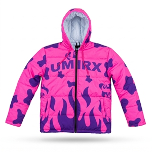 Veste matelassée à capuche imprimée flamme rose et violette, manteau d'hiver à fermeture éclair, logo personnalisé, capuche amovible, 100% polyester - Product Image 1