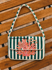 Custom Handmade Embroidery Coral Reef Beaded Eco-Friendly Shoulder Bag <b>Green</b> White Striped Ocean Theme Crossbody <b>Purse</b> Wholesale - Product Image 4