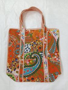 กระเป๋าโท้ทผ้าฝ้ายสีส้มลายดอกไม้หลากสีพิมพ์ลายเพสลีย์สำหรับผู้หญิง กระเป๋าสะพายไหล่ กระเป๋าช้อปปิ้ง กระเป๋าถือแบบใช้ซ้ำได้ - Product Image 2