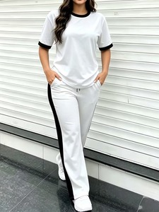Women's Solid Wide Leg Tracksuit <b>Two</b>-<b>Piece</b> Loungewear <b>Set</b> | Crewneck Tee Drawstring <b>Lounge</b> Pants Lightweight Eco-Friendly - Product Image 4