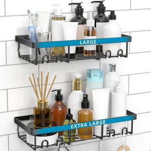 Grande étagère de douche auto-adhésive noire, panier de rangement mural pour salle de bain, style ferme - Product Image 1