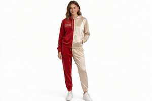 Conjunto de Sudadera con Capucha y Pantalones Deportivos Unisex, Color Rojo y Blanco, Bloques de Color, Forro Polar Invernal, Transpirable, 350 Gramos, Bolsillo con Cordón Bordado, Estilo Casual - Product Image 5