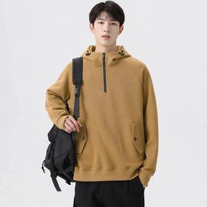Sudadera con capucha negra de media cremallera para hombre, nueva tendencia 2026, manga raglán, color liso, algodón French Terry, ajuste casual, para otoño - Product Image 2