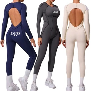 Combinaison une pièce unie dos nageur taille haute sans couture extensible dans les quatre sens pour le yoga avec découpe au dos - Product Image 1