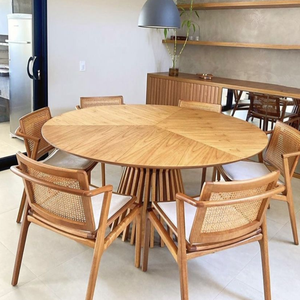 Elegant <b>Round</b> <b>Solid</b> <b>Wood</b> <b>Dining</b> <b>Table</b> with Unique Slatted Base Paired with Natural Cane Back Chairs - Product Image 1