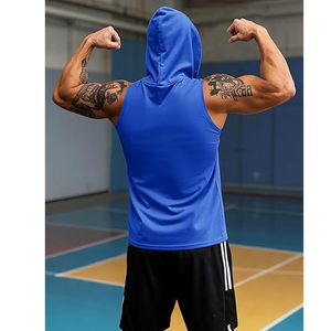 <b>Men's</b> <b>Black</b> Sleeveless Hooded <b>Tank</b> <b>Top</b> Quick Dry Sporty Solid Color Knitted Fit Workout Wear - Product Image 4