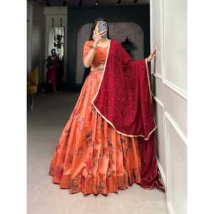 Magníficos juegos modestos de seda Tussar hilo naranja bordado Lehenga Choli con Dupatta - Product Image 2